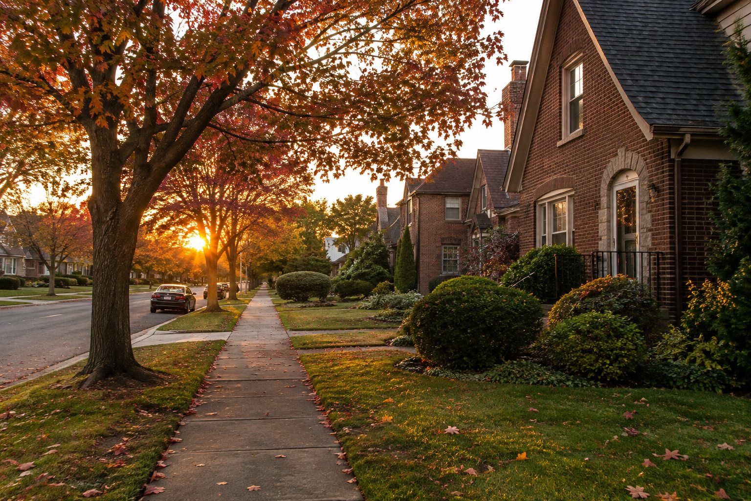 A tree lined residential street at sunset in Ohio, illustrative
