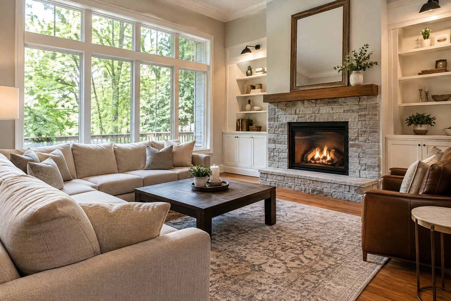 A cozy sunlit Ohio family room, illustrative
